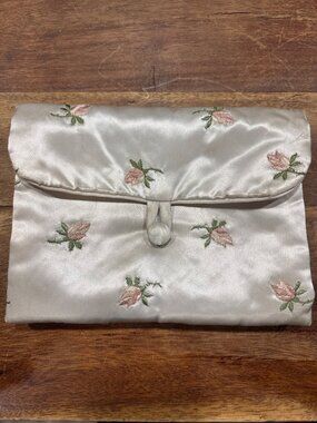 Vintage Satin Accordian Clutch Floral Embroidery Fold Over Lingirie or Accessory